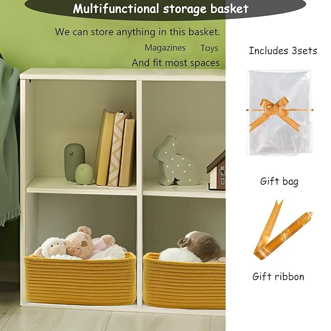 COMFY-HOMI 13" x 8.5" x 5.1" Storage Baskets for Organizing | Cotton Rope Woven Basket | Toy Storage Bin Box | Basket for Shelves, Closet Organizer Bin, Decorative Closet Shelf, 3 Pack, Yellow