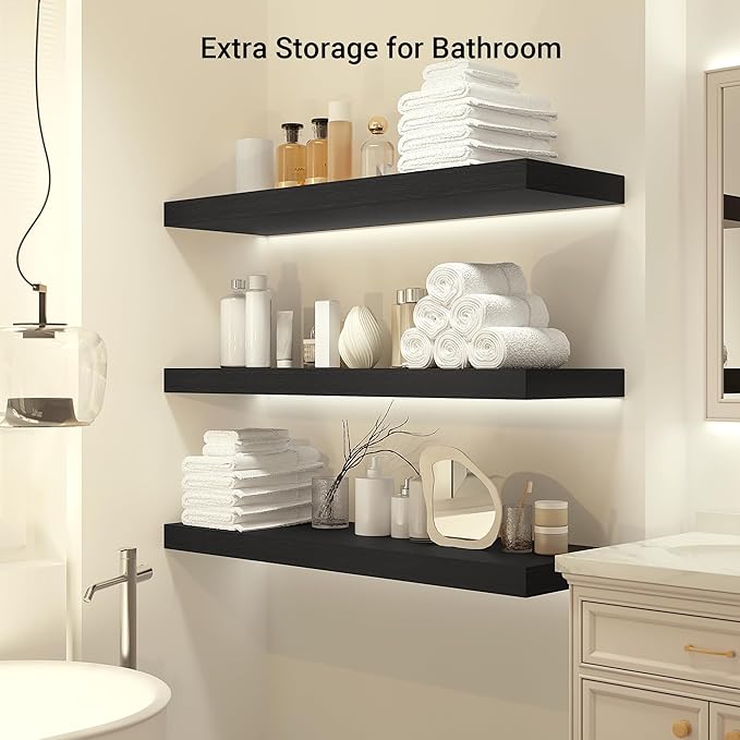 Heimlove 12" Deep Floating Shelves, 36 x 12 Inch Wall Mounted Long Floating Shelf with Invisible Brackets, for Home Decor, Bedroom, Kitchen, Living Room, Bathroom - 1 Pack, Black