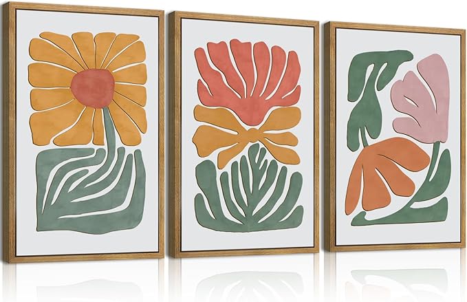 Large Abstract Boho Floral Wall Art Set Colorful Botanical Wood Wall Decor Modern Mid Century Artwork Neutral Bohemian Art Decor for Living Room Bedroom Office-16x24Inch x3