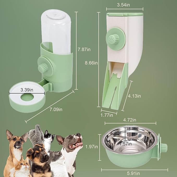 Hanging Rabbit Automatic Food Feeder with 30oz Bowl and 500ml Water Dispenser Bunny Gravity Feeding Station Waterer Set Hanging Self-Dispensing Feeder for Cages,Ferret,Guinea Pigs Chinchillas Hedgehog