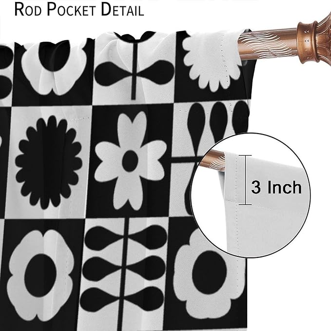 Mid Century Geometric Floral Curtains,Vintage 70s Window Treatments for Boys Girls Kids Bedroom Curtains,Boho Black and White Floral Curtains 72"" W X 63"" L, Style-10