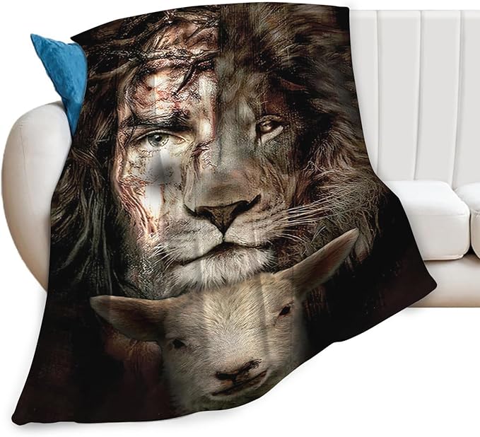 Tijuboni Lion Lamb Throw Blanket Christian Religious Gifts for Women Men Girls Boys Kids Adults Soft Flannel Fleece Blanket for Couch Sofa Bed Home Decor 60"x80"