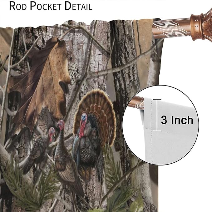 Retro Forest Window Curtains, Camouflage Hunting Tree Camo Rustic Deer Elk Bird Bear Blackout Rod Pocket Windows Door Curtain for Bedroom Living Room Home Decor 42x54in