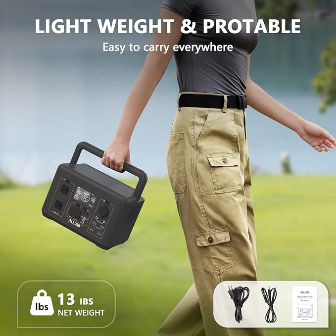ALLWEI Portable Power Station 500W, 512Wh LiFePO4 Battery, UPS Function, 2.5Hrs Fast Charge, 2 AC Outlets(Surge 1000W), Solar Generator for Outdoor Camping RV CPAP Home Emergency
