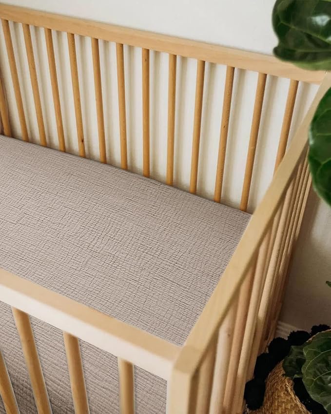 Mini Crib Sheets for Baby, Fitted Pack N Play Mattress and Mini Cribs 24" x 38", Neutral Muslin Cotton Mini Crib Mattress Sheet with Boho Style, Soft and Breathable Comfort (Beige)