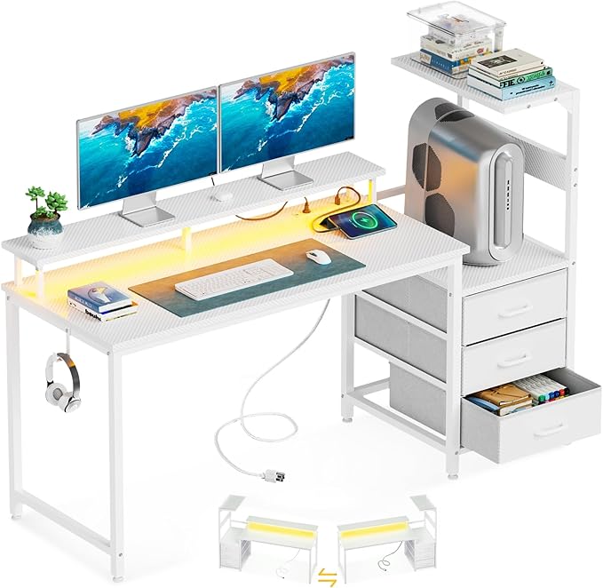 AODK 52 Inch Gaming Desk with USB Charging Ports & LED Light- Reversible Computer Desk with Storage Shelves & Monitor Stand, Modern Gamer Desk Table with Fabric Drawers & Side Hook, Carbon Fiber White