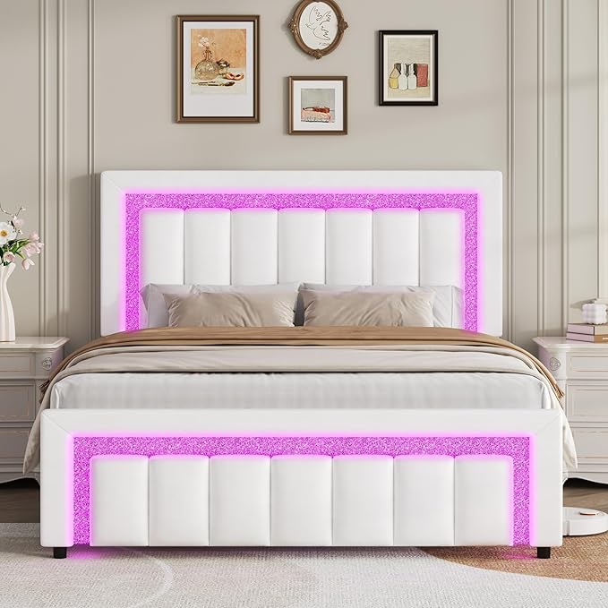 HOMBCK Queen Bed Frame with LED Lights and Velvet Upholstered Headboard