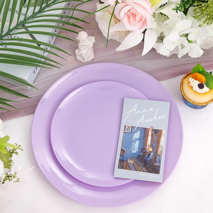 KIRE 60PCS Purple Plastic Plates Disposable - Heavy Duty Purple Plates Include 30Pcs 10.25” Dinner and 30Pcs 7.5” for Dessert/Salad - for Wedding/Bridal Shower