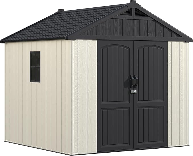Greesum 8×8 FT Plastic Outdoor Storage Shed with Floor, Resin Sheds with Window and Lockable Door, Weather Resistant Organization for Garden, Lawn, Pool Supplies, Beige