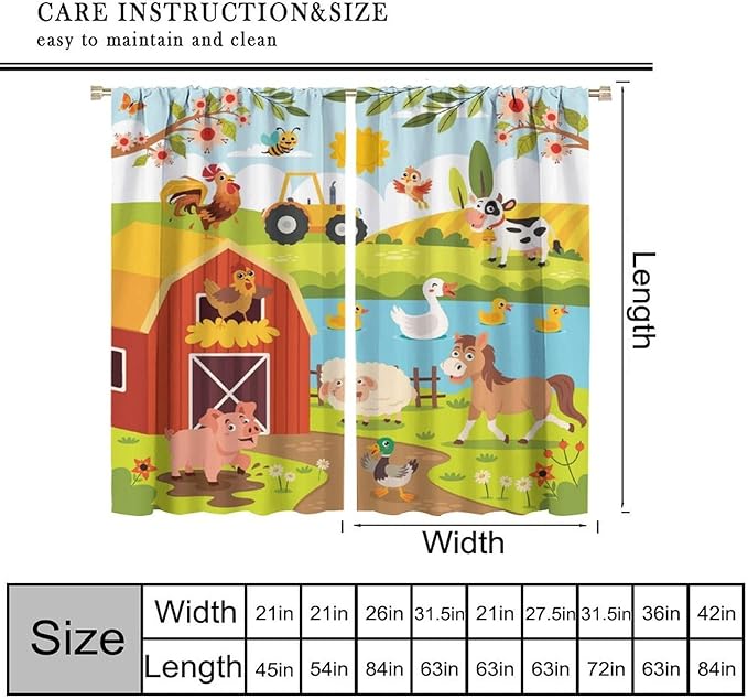 Farmhouse Curtains, Farm Scene Cartoon Animals Pattern Blackout Window Treatments, Rod Pocket Thermal Insulated Drapes 2 Panel Sets for Children Boys Bedroom Nursery Classroom, 52" W X 84" L