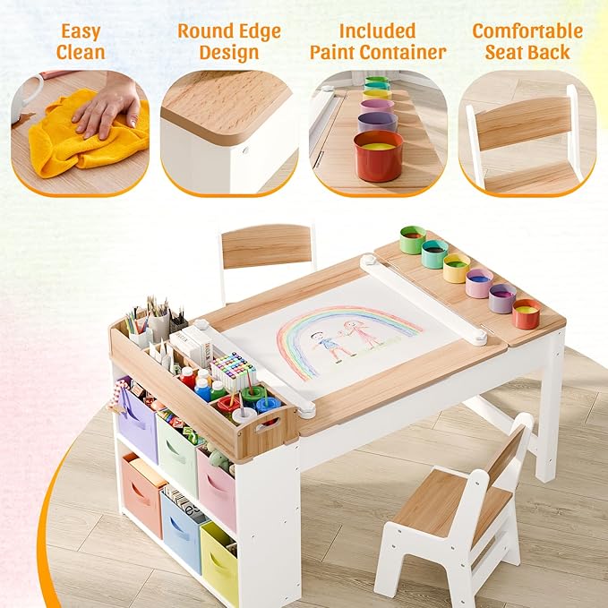 Kids Art Table and Chair - Toddler Craft Table and Chairs Set with 2 Chair & Bins, Kids Activity Desk with Paper Roll for Playrooms & Classroom, 44" L x 24" W, Natural