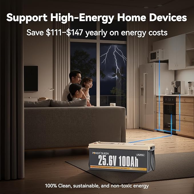 Power Queen 24V 100Ah LiFePO4 Battery 2.56kWh Deep Cycle Lithium Battery with Longer Runtime, 100A BMS, 4000-15000 Cycles, 2.56kW Max Load Power for Solar Storage System, Marine, Backup Power