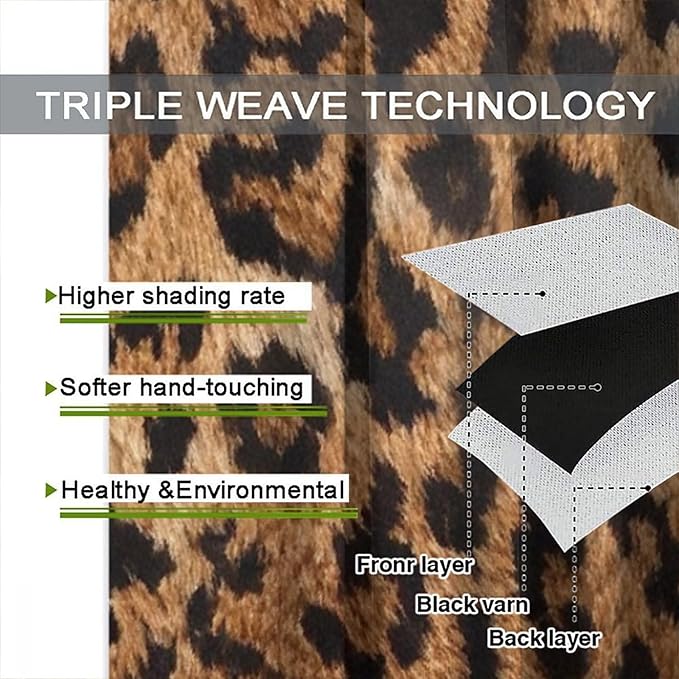 Leopard Print Window Curtains, Animal Fur Skin Brown Farmhouse Wild 3D Rustic Safari Theme Window Treatments for Kids Bedroom Living Room 63" W X 63" L