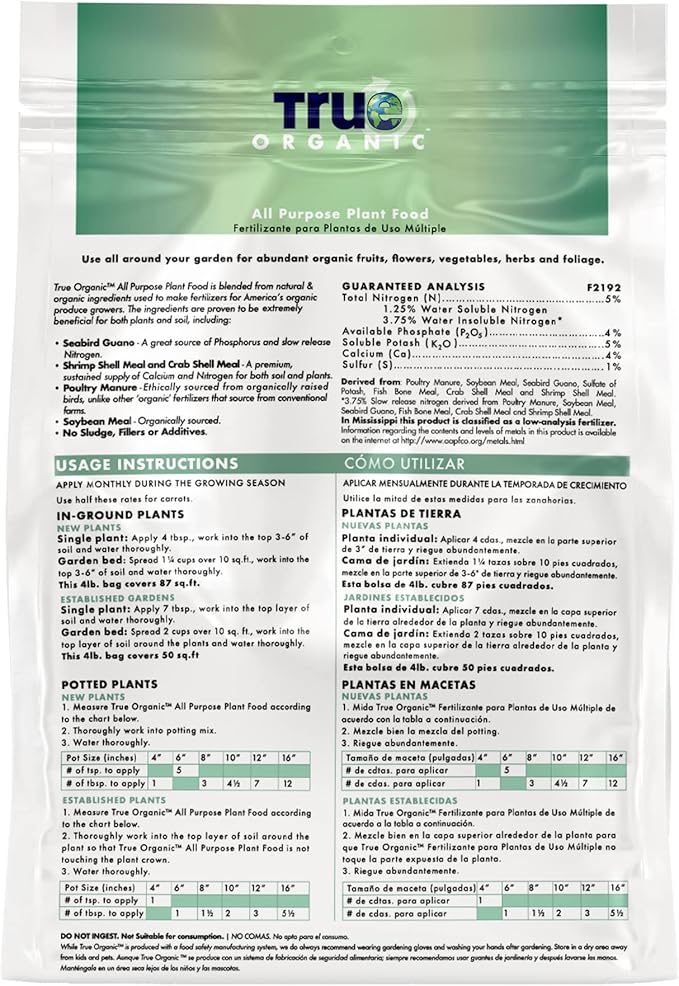 True Organic All Purpose Plant Food – Organic Fertilizer for Fruits, Vegetables, Flowers, and Herbs – 8lb Bag Covers 174 sq. ft.