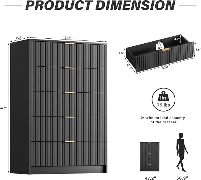 Black Dresser for Bedroom, Modern Dresser with 5 Drawers and Smooth Slides, Wide Chest of Drawers with Golden Handles for Bedroom, Living Room, Closet, 15.7" D x 31.5" W x 47.2" H
