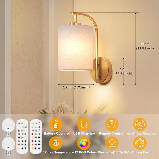 Battery Operated Wall Sconce Set of 2, 12 RGB Colors & Timer, Wireless Lamp