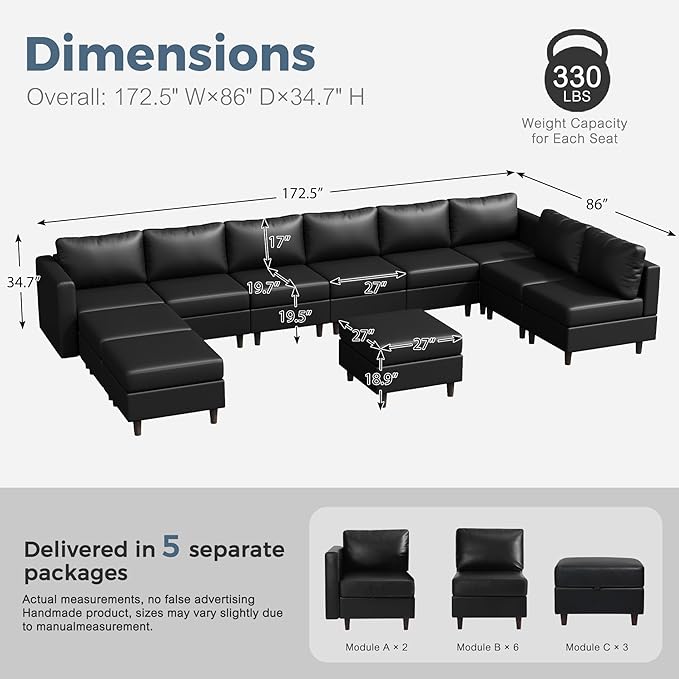 ABCASA Oversized 172.5" Faux Leather Modular Sectional Sofa, Modern Large 11 Seater U Shaped Couch with Storage Seat with Reversible Chaise Deep Seat for Living Room DIY Combination - Black