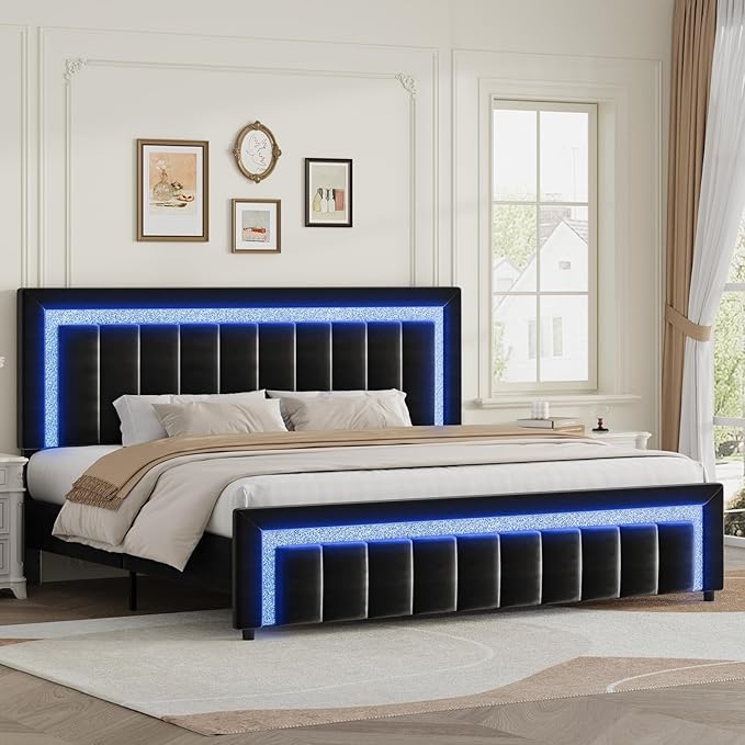 HOMBCK Bed Frame King with LED Lights and Velvet Upholstered Headboard