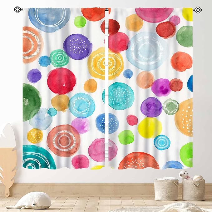 Colorful Curtains for Girls Bedroom, Watercolor Rainbow Cartoon Abstract Circle Polka Dots Splashes Cute Window Drapery for Kids Boys Girls Classroom Living Room Nursery 2 Panels, 63"x72" Inch