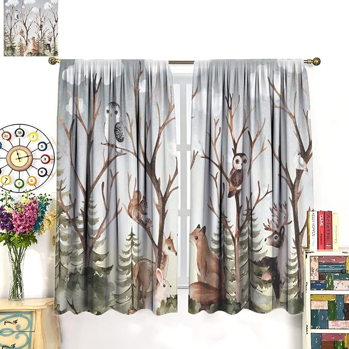 Forest Curtains, Cartoon Woodland Animals Tree Birds Moose Rabbit Mushroom Print Pattern Kids Bedroom Window Treatments Curtains 42x45 Inch, Style-8