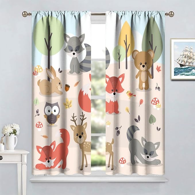 Kids Cartoon Forest Animal Curtains, Cute Woodland Animal Window Treatments for Bedroom Wildlife Fox Bear Deer Bunny Bird Blackout Window Drapes for Girls Boys Nursery Toddler Playroom 55x63in