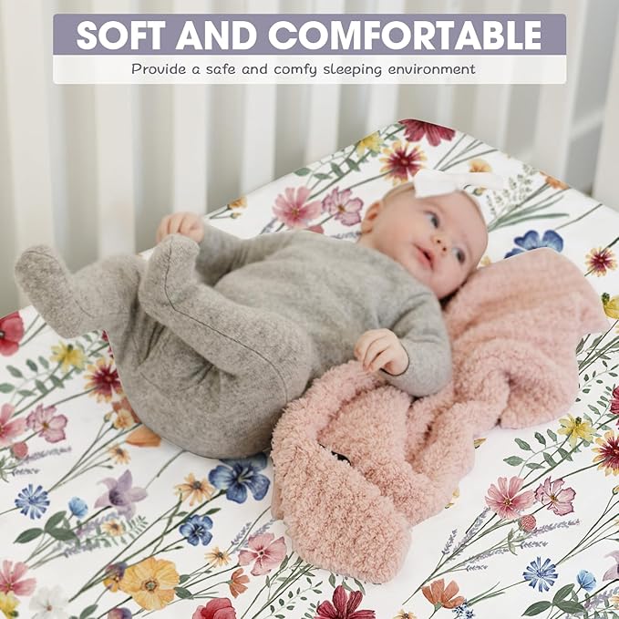 Bimocosy Crib Sheets for Girls, Fitted Crib Sheet 4 Pack for Standard Crib and Toddler Mattresses, Super Soft Breathable Microfiber Baby Sheet 28x52x8in, Butterfly/Floral/Pink/Purple