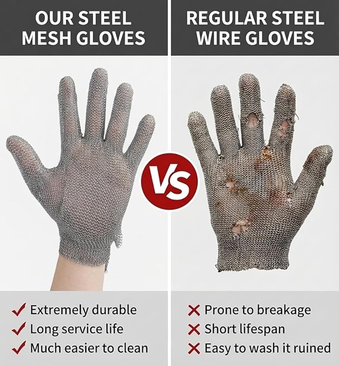A9 Cut Resistant Stainless Steel Metal Mesh Chainmail Gloves,Metal Gloves, Food Grade For Kitchen Cooking, Butcher Meat Cutting, Oyster Shucking, Mandoline, 5 Finger,Fish Fillet (L)