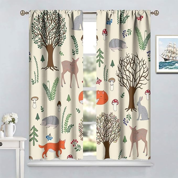 Kids Forest Animal Curtains, Rustic Cute Wild Animal Fox Deer Hedgehog Window Treatments Farmhouse Woodland Window Drapes for Girls Boys Nursery Toddler Bedroom 55x63in