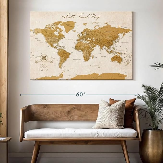 ElephantStock - Personalized Travel Push Pin World Map Wall Art - Horizontal Canvas Wall Art - Living Room Wall Decor - Digital Art Map Canvas Art - Orange And Beige Decor - 51" x 34"