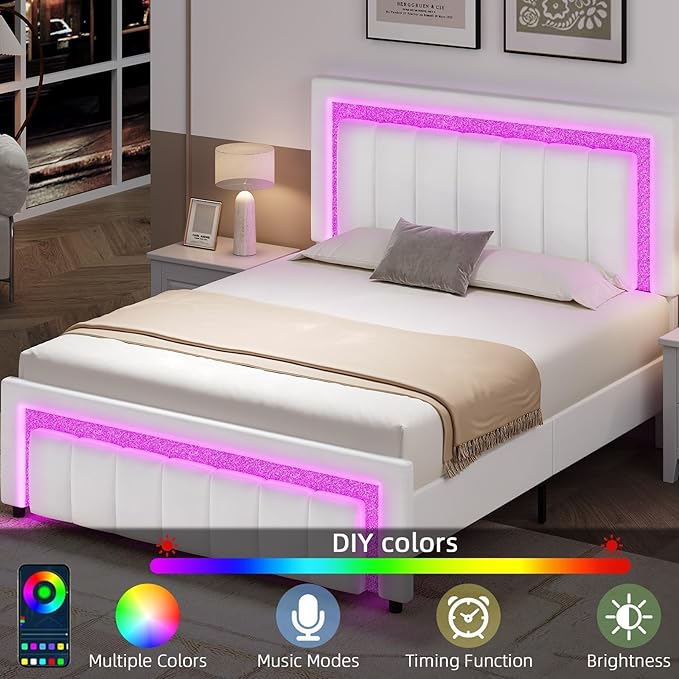 HOMBCK Queen Bed Frame with LED Lights and Velvet Upholstered Headboard