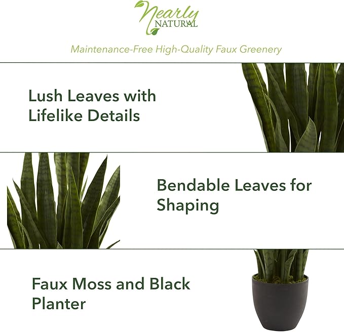 Nearly Natural, Green 4855 35in. Sansevieria with Black Planter