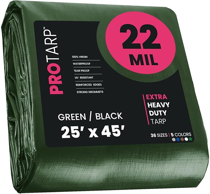 PROTARP Extreme Heavy Duty 22 Mil Tarp Cover, Waterproof, UV Resistant, Rip and Tear Proof, Poly Tarpaulin with Reinforced Edges for Roof, Camping, Patio, Pool, Boat. (Green/Black 25′ X 45′)