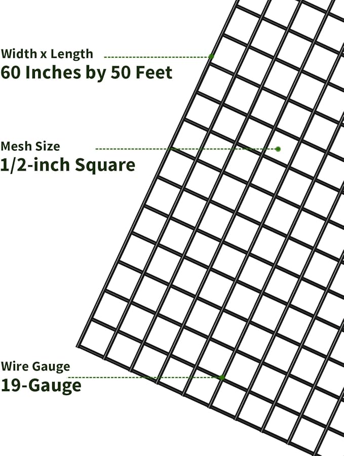 Black Hardware Cloth 1/2 inch Mesh 60'' x 50' 19-Gauge, Chicken Wire Mesh Roll, Welded Wire Fencing, Chicken Wire Fencing, Cage Wire, Garden Fencing, Tree Guard