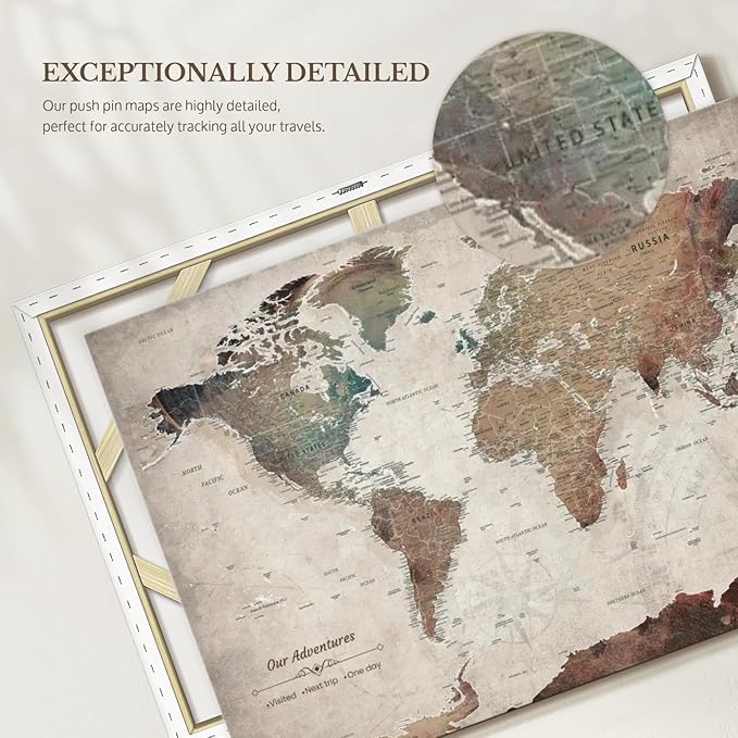 ElephantStock - Our Adventures World Map With Push Pin Iii Wall Art - Horizontal Canvas Wall Art - Living Room Wall Decor - Printmaking Map Canvas Art - Beige And Brown Decor - 51" x 34"