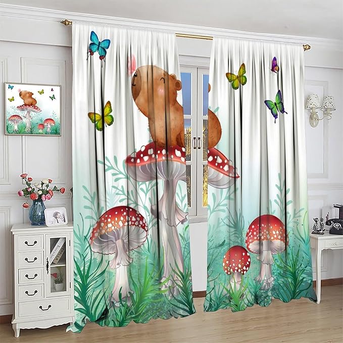 Cartoon Animals Curtains, Cute Butterfly Capybara Blackout Window Treatments, Rod Pocket Thermal Insulated Drapes 2 Panel Sets for Kids Bedroom Nursery Classroom, 63" W X 72" L
