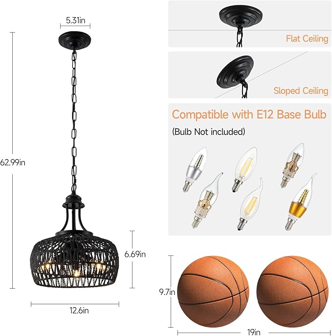 Farmhouse Chandeliers for Dining Room, 3-Light Rustic Ceiling Fixture