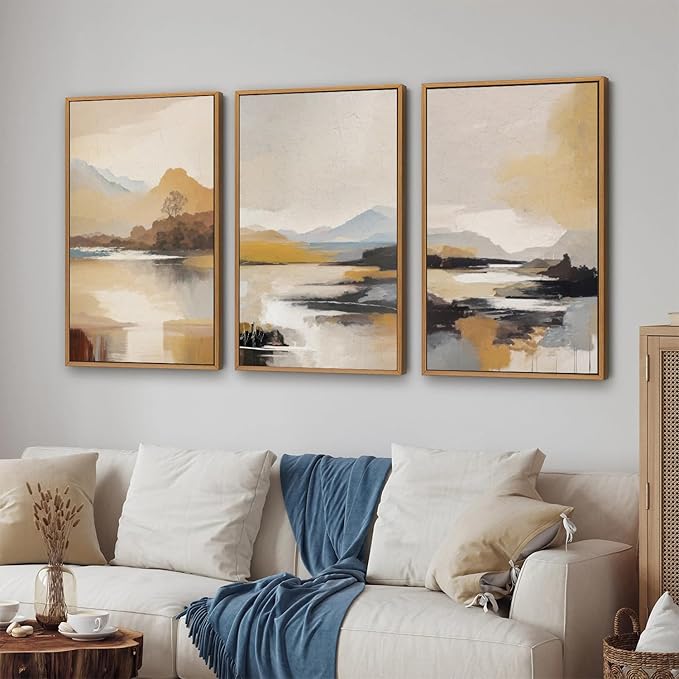 Tinonedraw Beige Mountain Landscape Framed Canvas Wall Art, Abstract Mid Century Modern Wall Decor, Golden Hour Lake Artwork, Neutral Nature Scenery Art Printing for Living Room Bedroom Office 16"x24"x3