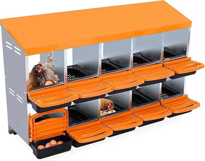 Chicken Nesting Box,10 Hole 2 Layer Hen Nest Boxes, Roll-Away Egg Collection System with Ventilation Holes，Rustproof Plastic Tray & Keyhole Mounting, Chicken Laying Box