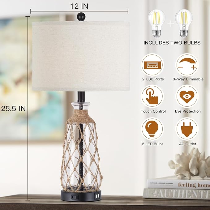 25.5" Coastal Glass Table Lamps Set of 2, 3-Way Dimmable Touch Control Bedside Lamps with 2 USB Ports and AC Outlet, Clear Nautical Nightstand Lamp for Bedroom Living Room (LED Bulbs Included)