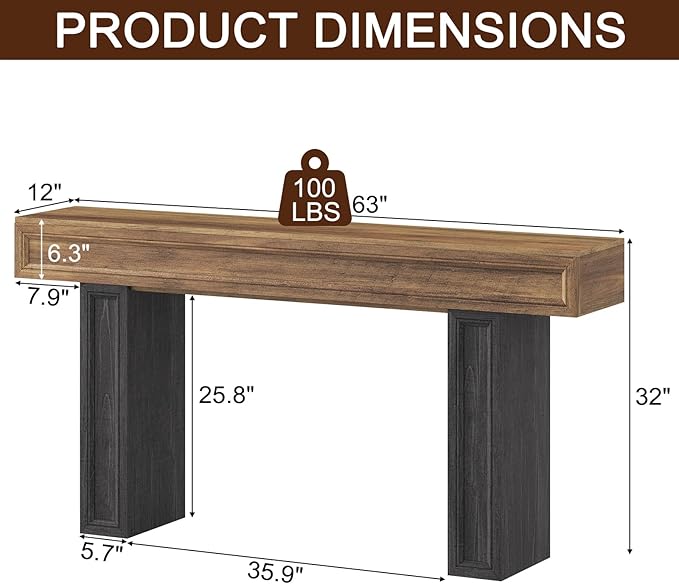 Rresyet 63 Inch Long Console Table, Sofa Table Behind Sofa, Wooden Entryway Table, Farmhouse Entryway Table for Entry, Hallway, Living Room (Wood)