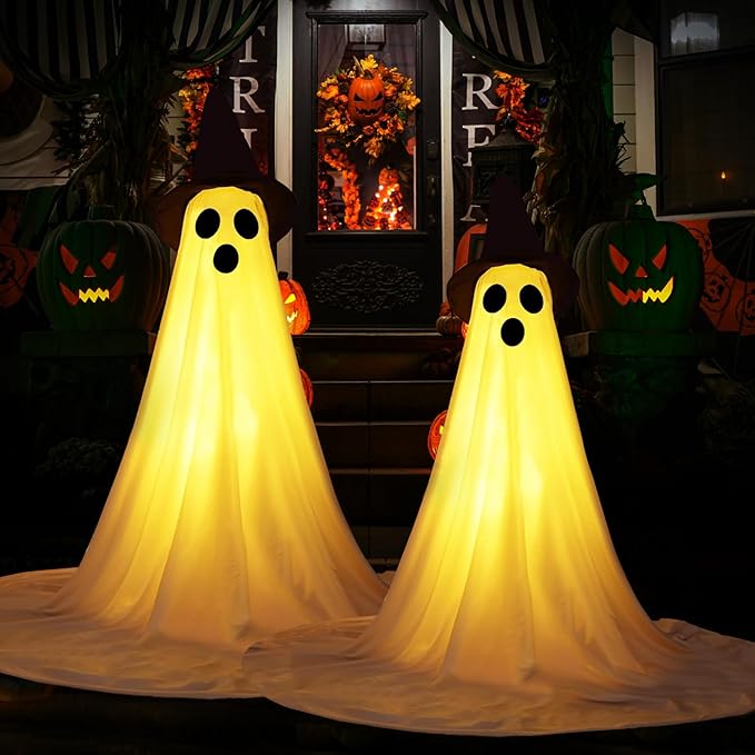 2 Packs Halloween Ghost Outdoor Decorations, 59” Light Up Ghost Decor with Remote Control, Adjustable Height Standing Halloween Lighted Ghost Kit with Witch Hat Ideal for Porch, Garden, Yard