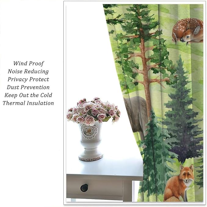 Woodland Animal Curtains, Watercolor Jungle Animals Fox Bear Pattern Blackout Window Treatments, Rod Pocket Thermal Insulated Drapes 2 Panel Sets for Kids Bedroom Nursery Classroom, 42" W X 54" L