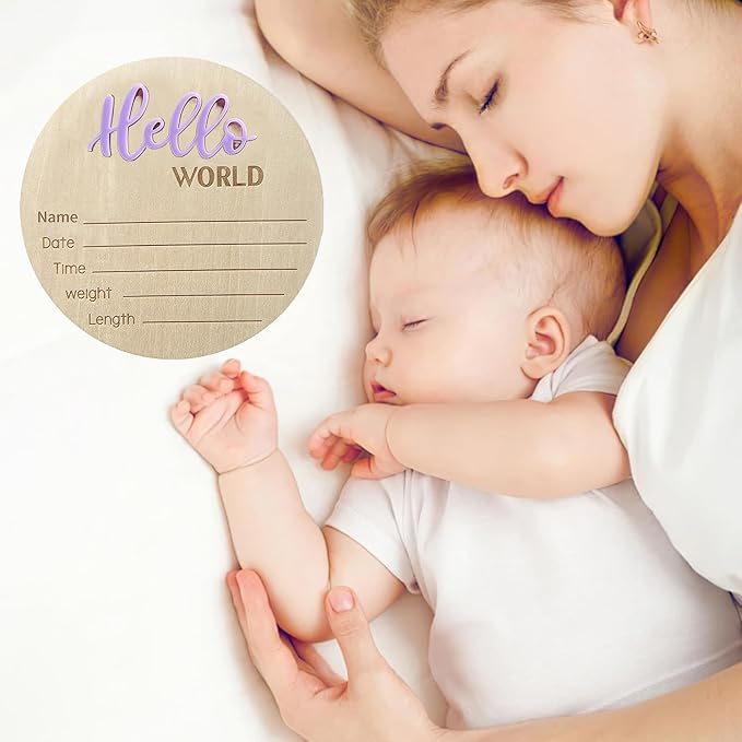 Baby Announcement Sign, 5.9 Inch Wooden Hello World Newborn Signs, Birth Announcement Sign, Baby Shower Hospital Nursery for Newborn Boys and Girls… (Purple)