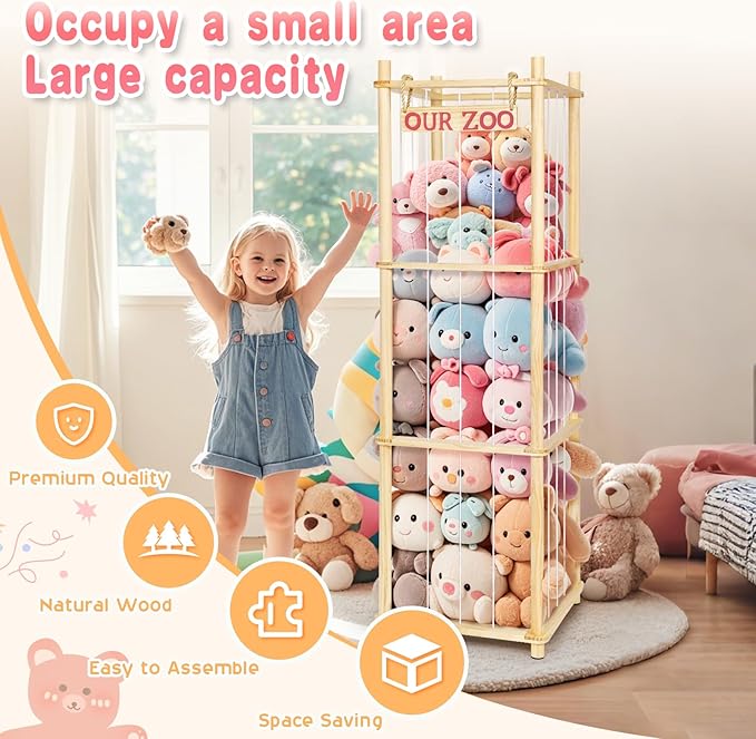 Stuffed Animal Storage - Tall Natural Pine Wood Toy Organizer with Elastic Cords & Shelf, Space-Saving Plushie Playhouse for Nursery, Playroom, Kids Bedroom - Easy Assembly