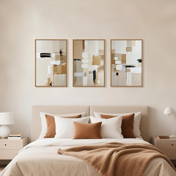 Large Abstract Beige Framed Canvas Wall Art Set, Neutral Textures Wall Decor, Warm Minimalist Shapes Wall Painting, Modern Neutral Art Prints for Living Room, Bedroom, Office - 16"X24"X3