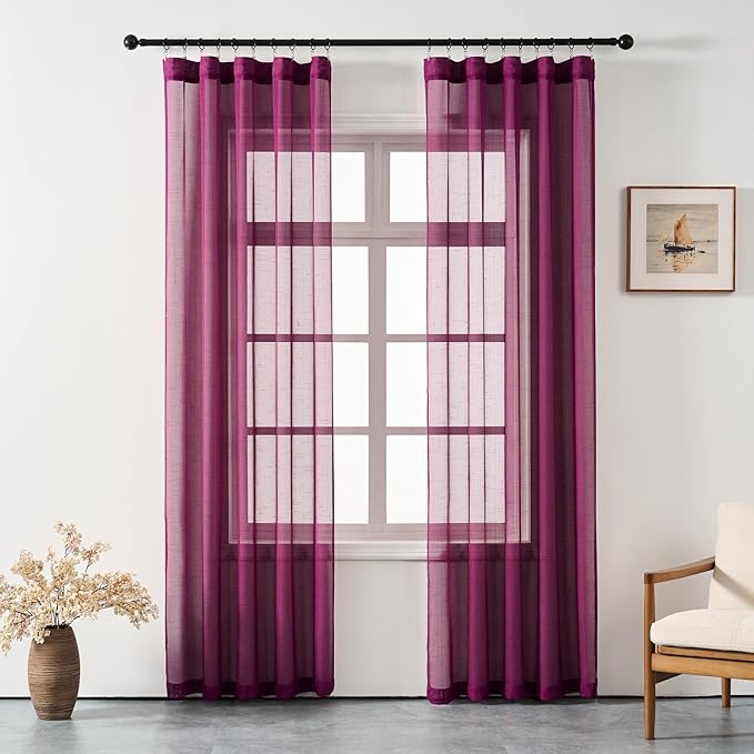 Plum Purple Curtains Sheer 90 Inches Long, Dark Linen Look Textured Light Filtering Drapes Decor, Rustic Eggplant Transparent Window Treatments, Pinch Pleat Curtain with Hooks