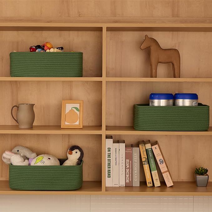 Large Shallow Organizing Baskets 15x11x5.1 Inches - Rope Woven Storage Bins for Bathroom, Shelves, Cube Closet, Green 2 Packs