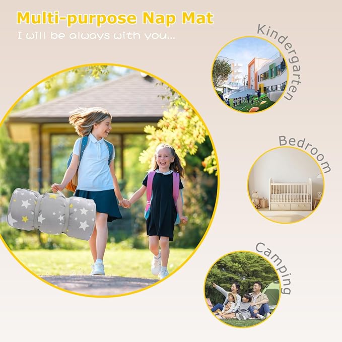 Toddlers Nap Mat with Removable Pillow and Soft Blanket, Lightweight Daycare Preschool Kindergarten Sleeping Bag, Travel Slumber for Kids Girls Boys