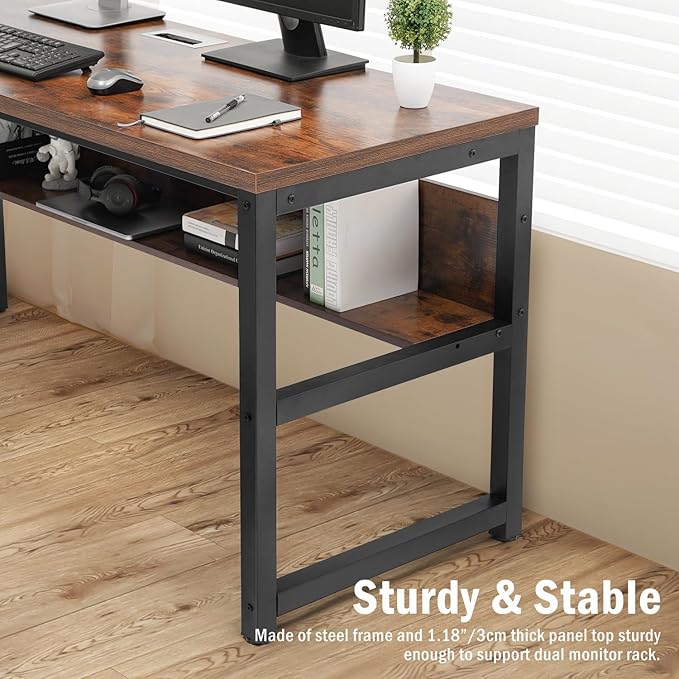 TOPSKY Computer Desk with Bookshelf/Metal Hole Cable Cover 1.18" Thick Desk (Oak Brown, 63")