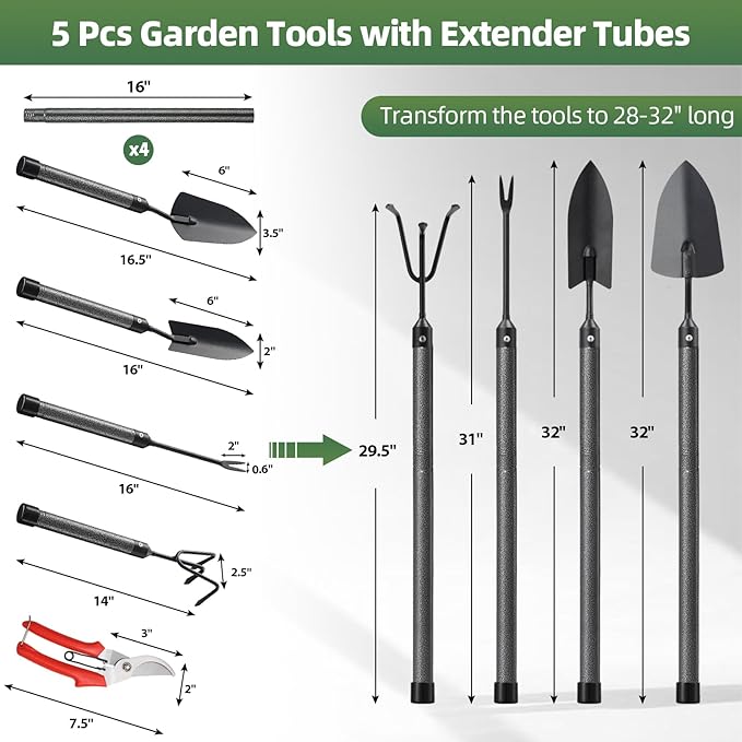 Garden Tool Set, 5Pcs Garden Tools with Extensions, Heavy Duty Rustproof Metal Gardening Tool Shovel Weeder Tiller Pruning Shear Gardening Supplies Garden Gifts for Women Kids